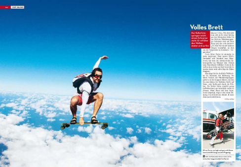 Skateboard skydiver riding over clouds